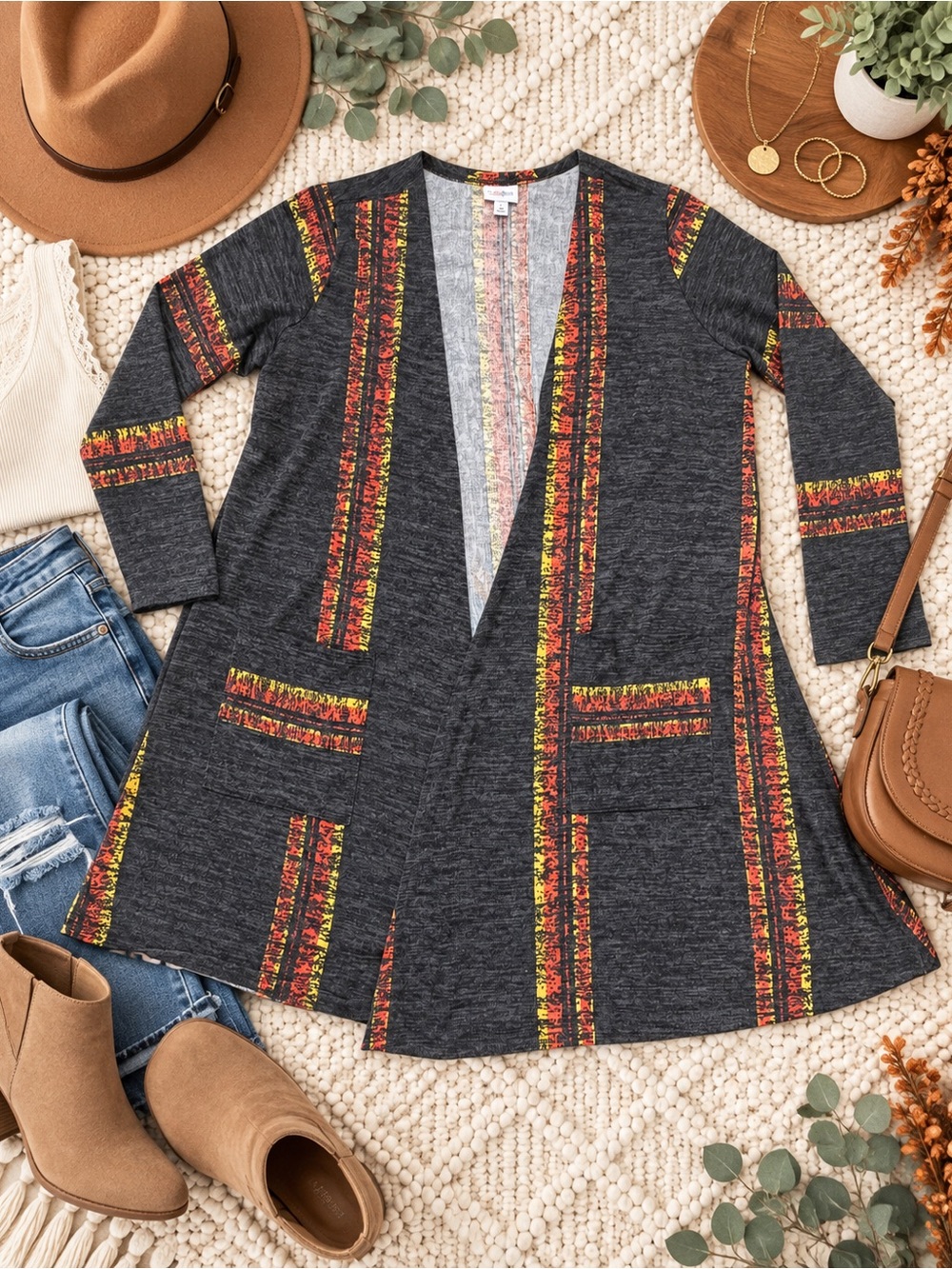 LuLaRoe Lindsey Charcoal Tribal Print Duster Cardigan Women’s Large Boho Fall